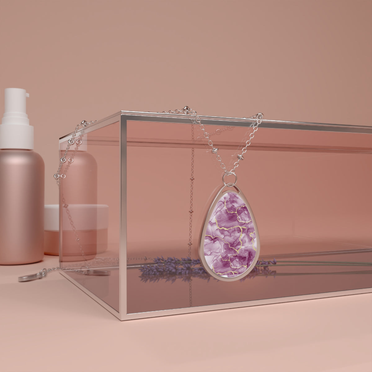 Elegant Pink Marble-Print Teardrop Pendant Necklace