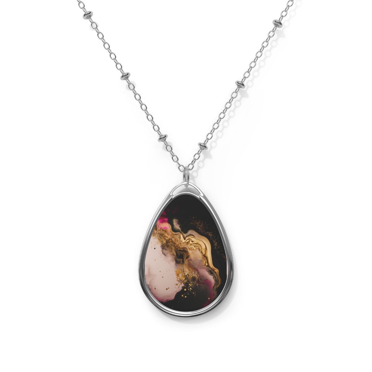 Elegant Black & Gold Marble-Print Oval Pendant Necklace