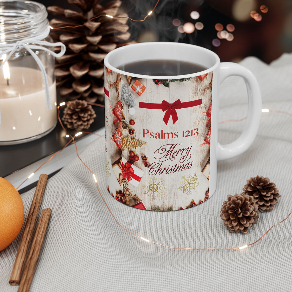 Christmas Psalms Mug — "Psalms 121:3" Merry Christmas Ceramic Coffee Cup (11oz)