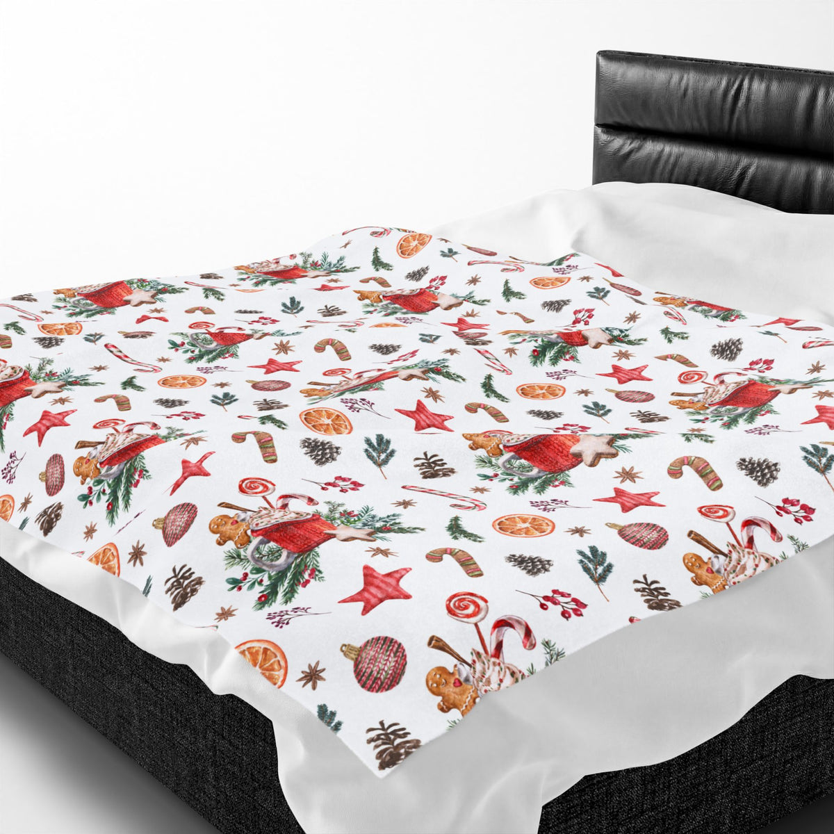 Christmas Hot Cocoa Pattern Velveteen Plush Blanket — Cozy Holiday Throw with Candy Canes & Ornaments