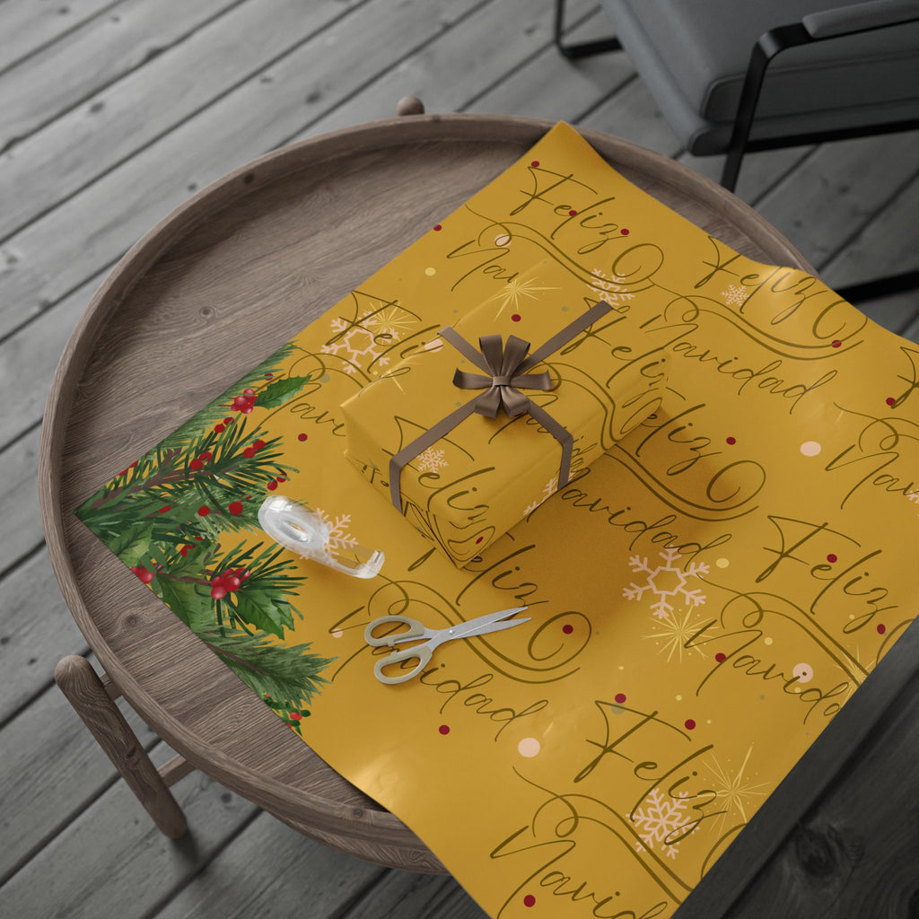 Christmas Wrapping Paper – “Feliz Navidad” Gold Holiday Gift Wrap with Evergreen & Snowflake Pattern