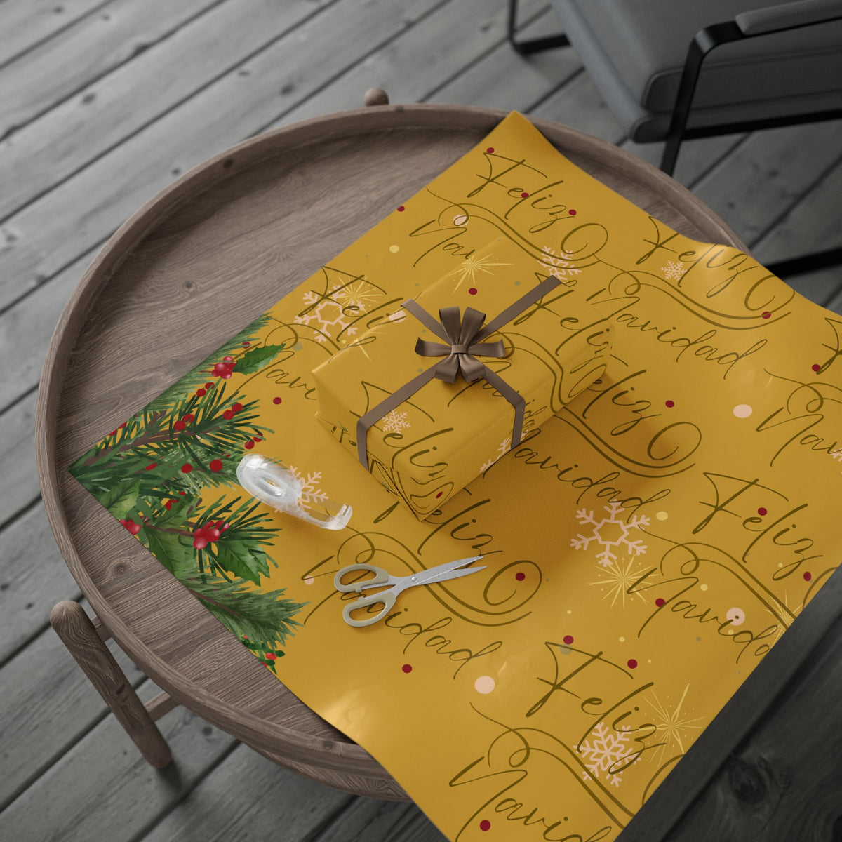 Christmas Wrapping Paper – “Feliz Navidad” Gold Holiday Gift Wrap with Evergreen & Snowflake Pattern
