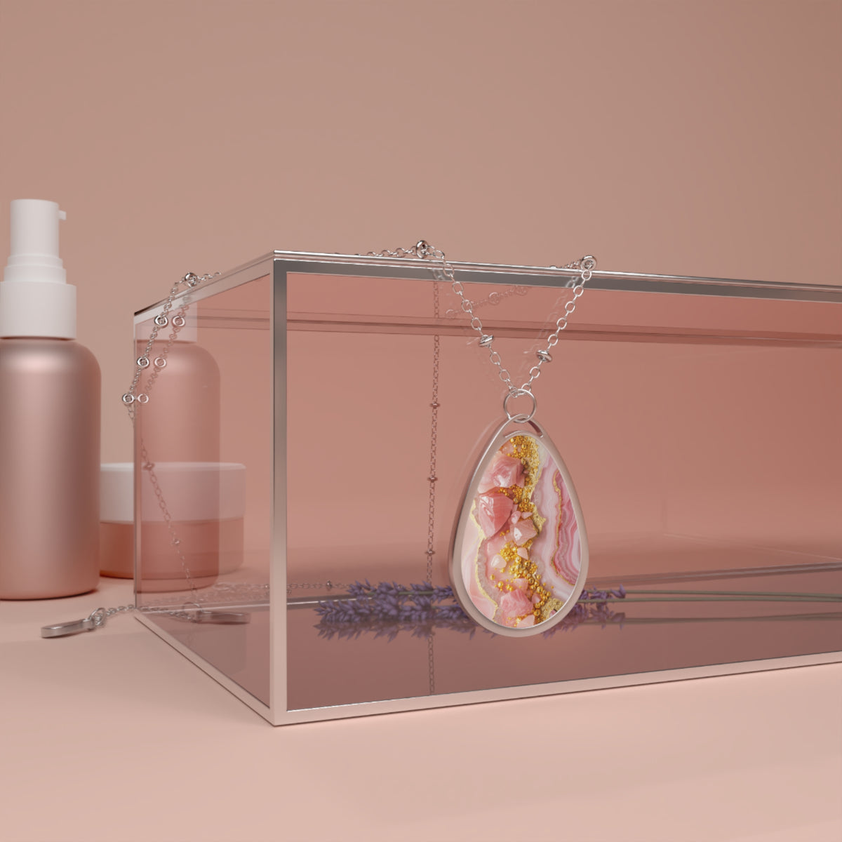 Elegant Pink Agate-Print Teardrop Pendant Necklace