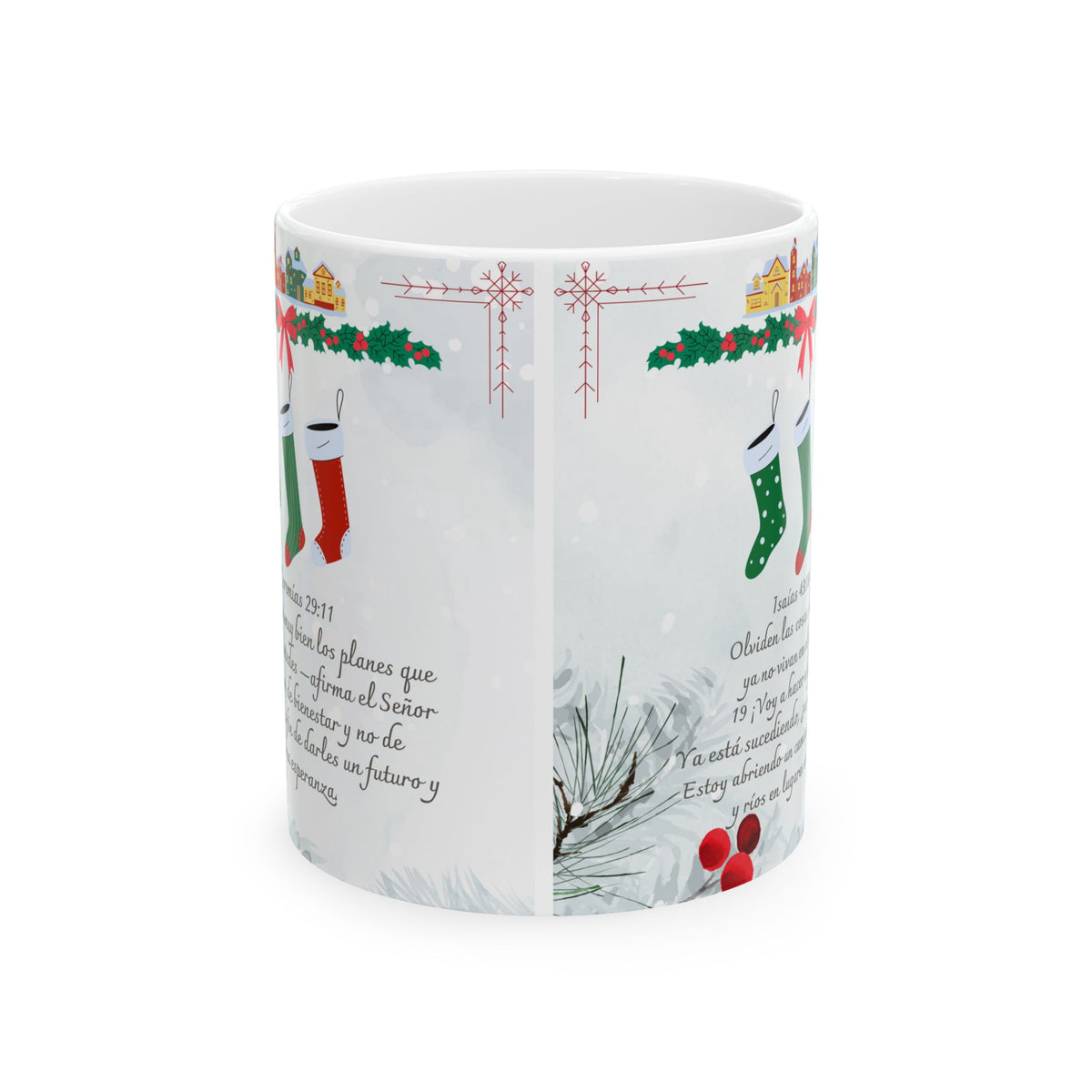 Christmas Bible Verses Ceramic Mug (11oz) — Holiday Holly & Snow Design