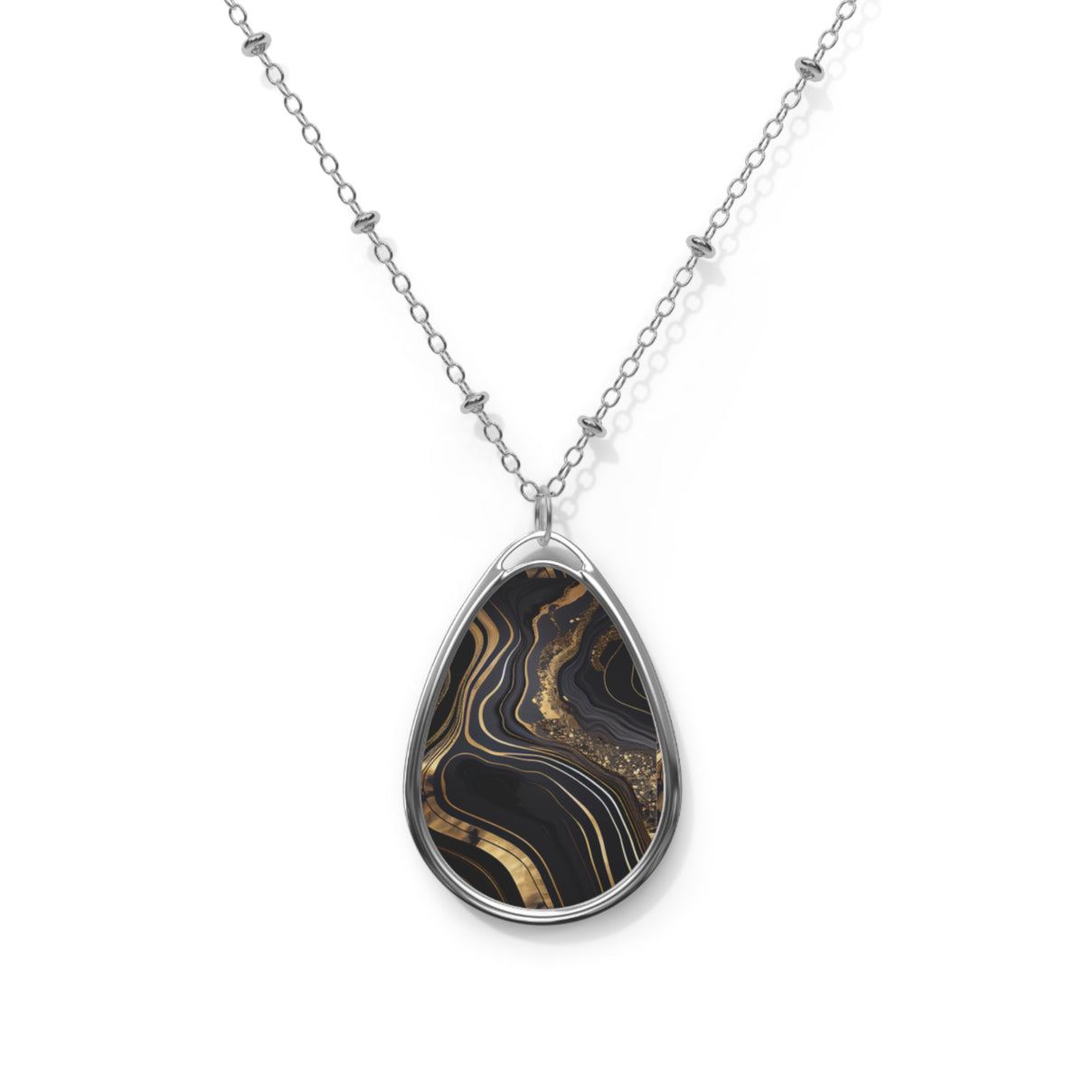 Elegant Black & Gold Agate-Print Teardrop Pendant Necklace