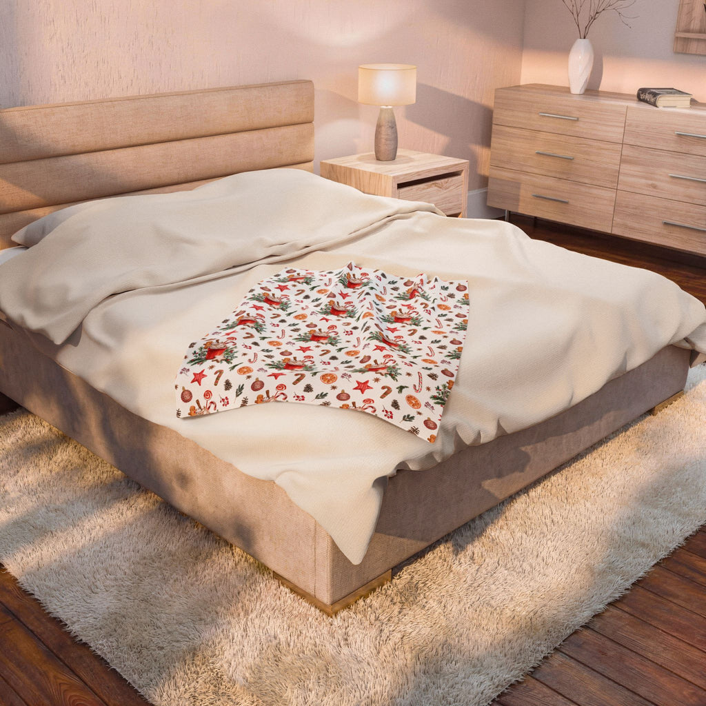 Christmas Hot Cocoa Pattern Velveteen Plush Blanket — Cozy Holiday Throw with Candy Canes & Ornaments
