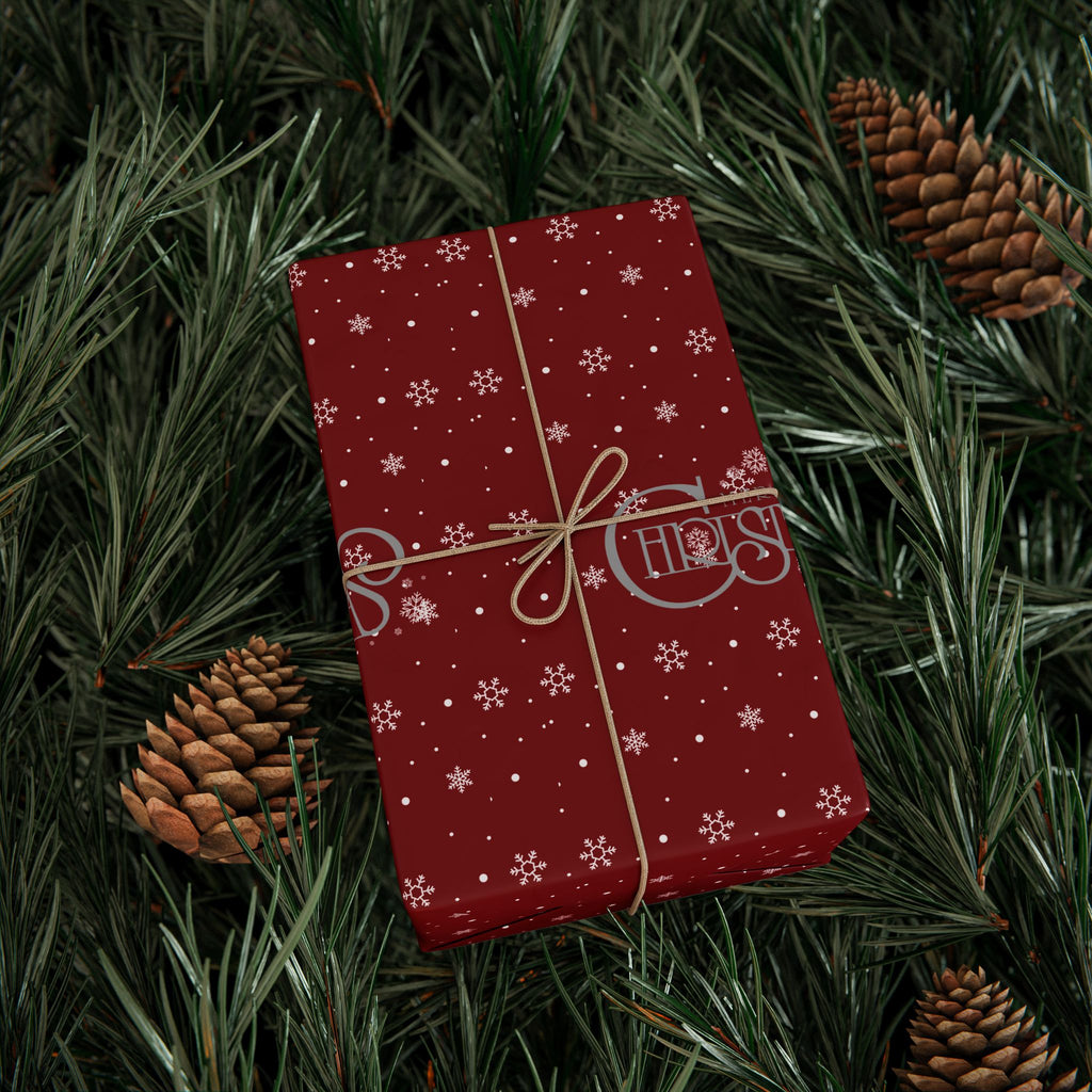 Red Christmas Wrapping Paper with Snowflakes and Holiday Ornaments