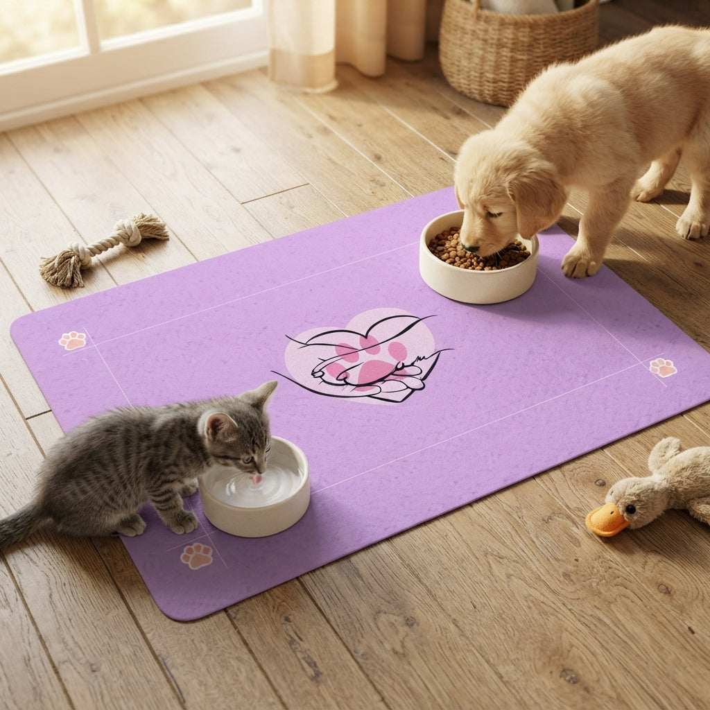 Pink Lovely Paw Heart Hands pet food mat | 12x18