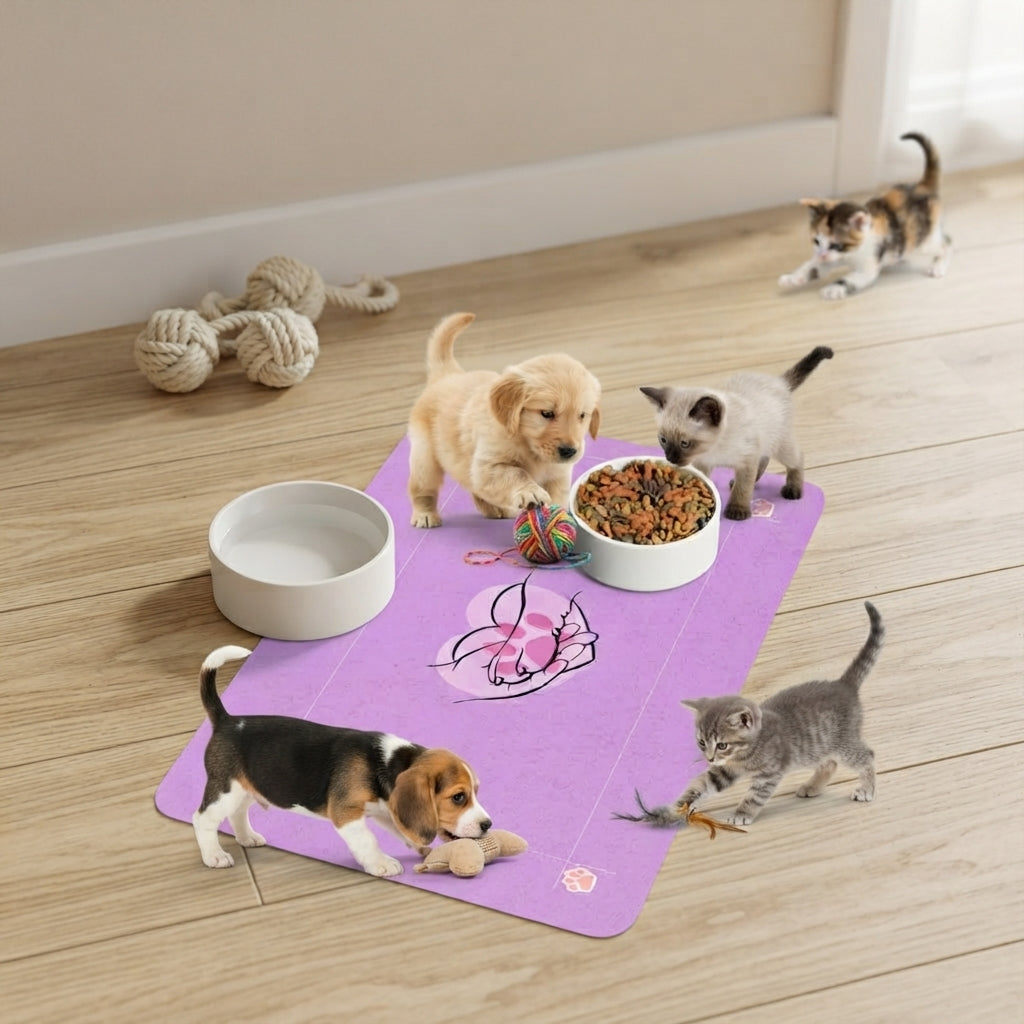 Pink Lovely Paw Heart Hands pet food mat | 12x18