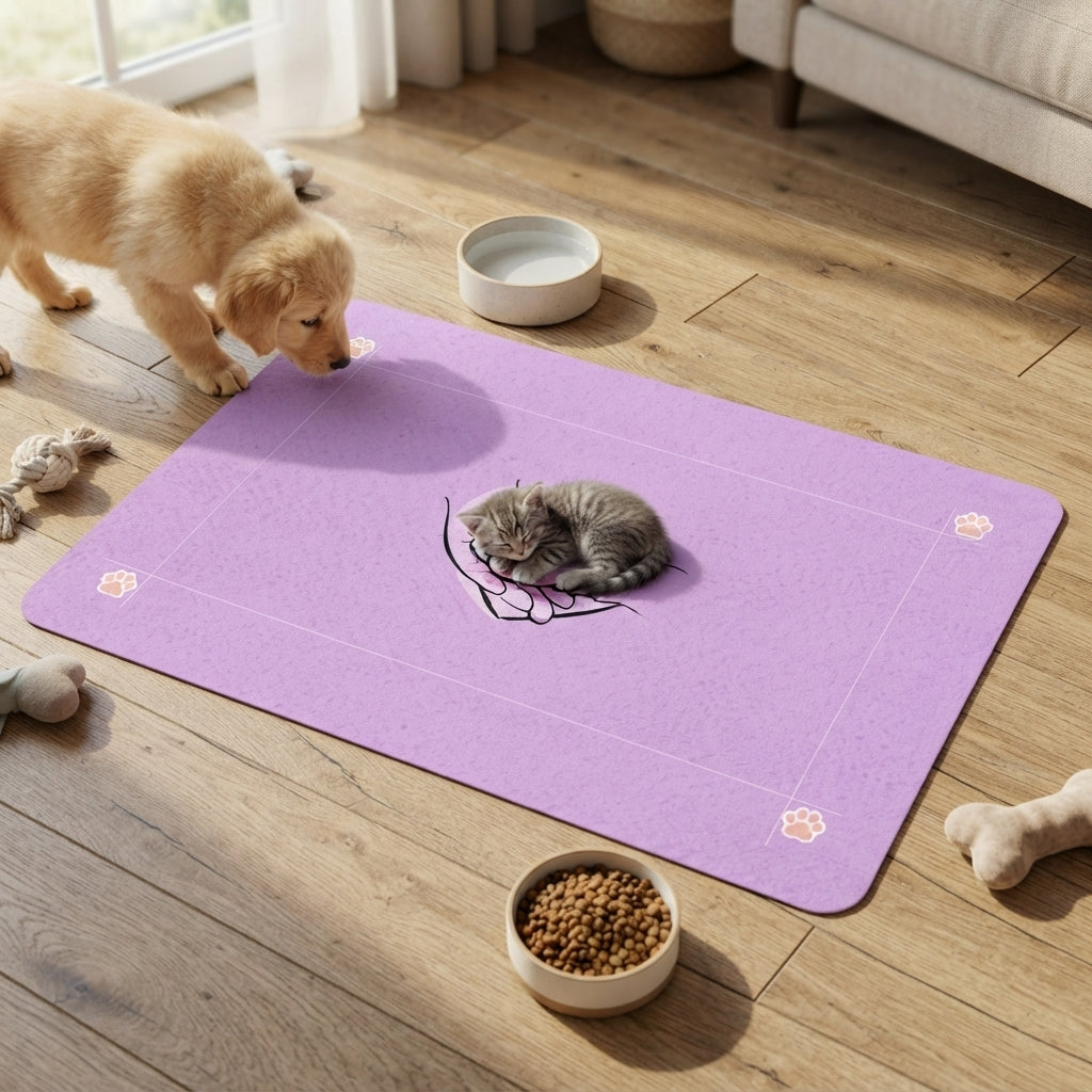 Pink Lovely Paw Heart Hands pet food mat | 12x18