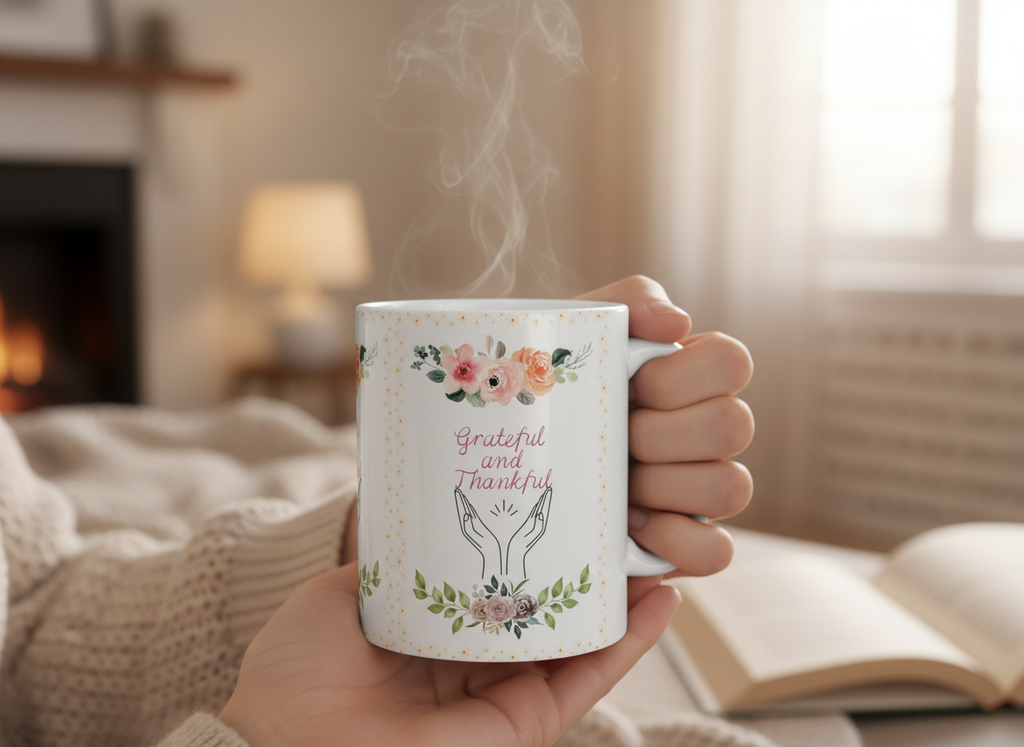 Grateful and Thankful | Beautiful Floral Mug Ceramic coffee cup