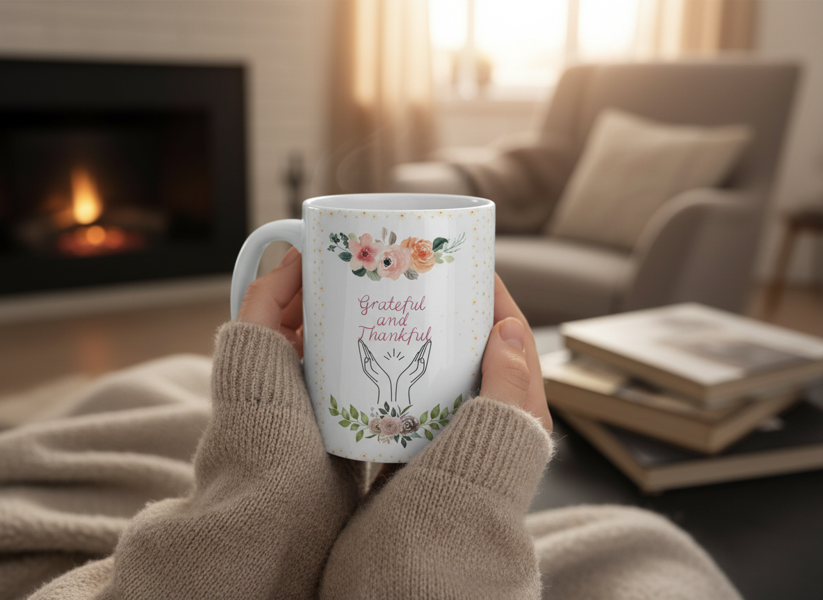 Grateful and Thankful | Beautiful Floral Mug Ceramic coffee cup