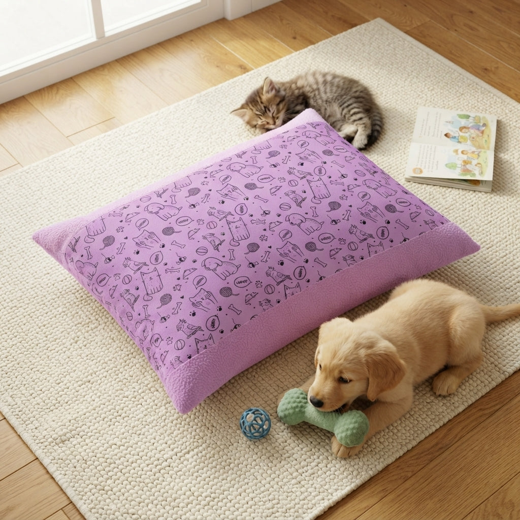 Lovely Cozy Warm Pet Bed | Cute Paw Print Pattern, Purple Pillow