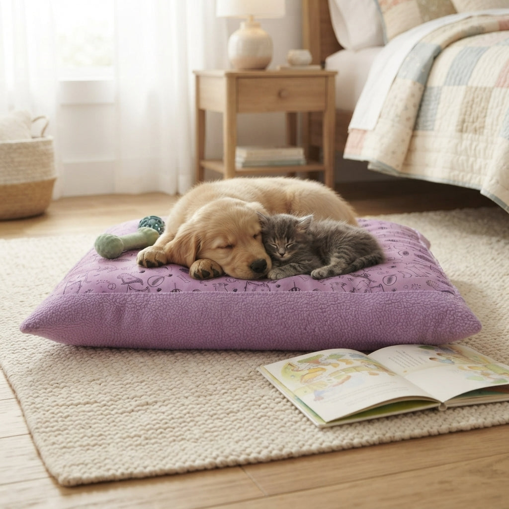Lovely Cozy Warm Pet Bed | Cute Paw Print Pattern, Purple Pillow