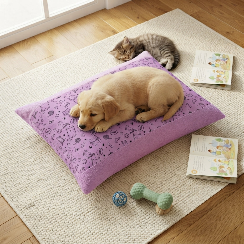 Lovely Cozy Warm Pet Bed | Cute Paw Print Pattern, Purple Pillow
