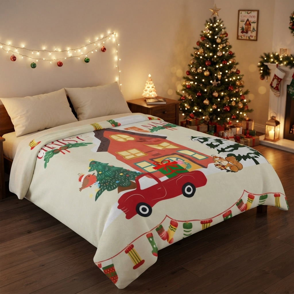 Christmas Cozy Velveteen Blanket & Holiday House Plush Throw