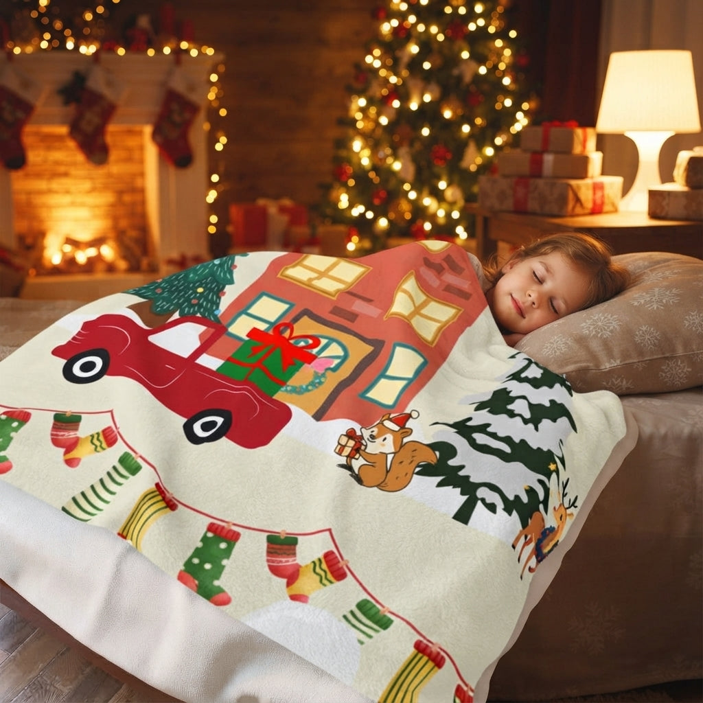 Christmas Cozy Velveteen Blanket & Holiday House Plush Throw