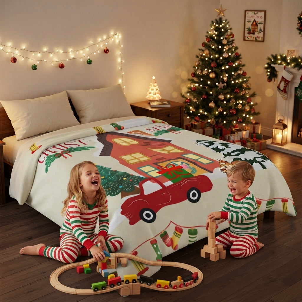 Christmas Cozy Velveteen Blanket & Holiday House Plush Throw