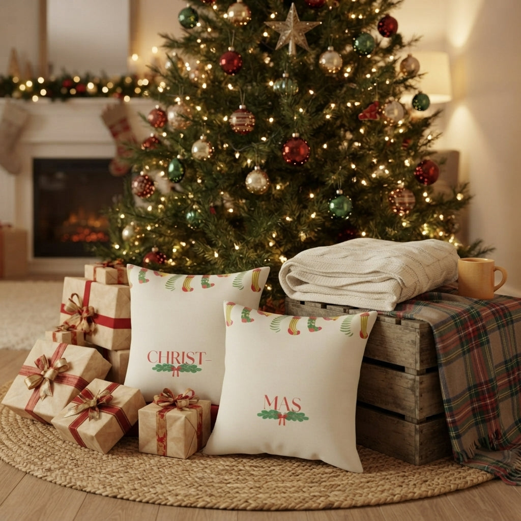 Christmas Holly Pillow 'Christmas' Holiday Square Faith Pillow