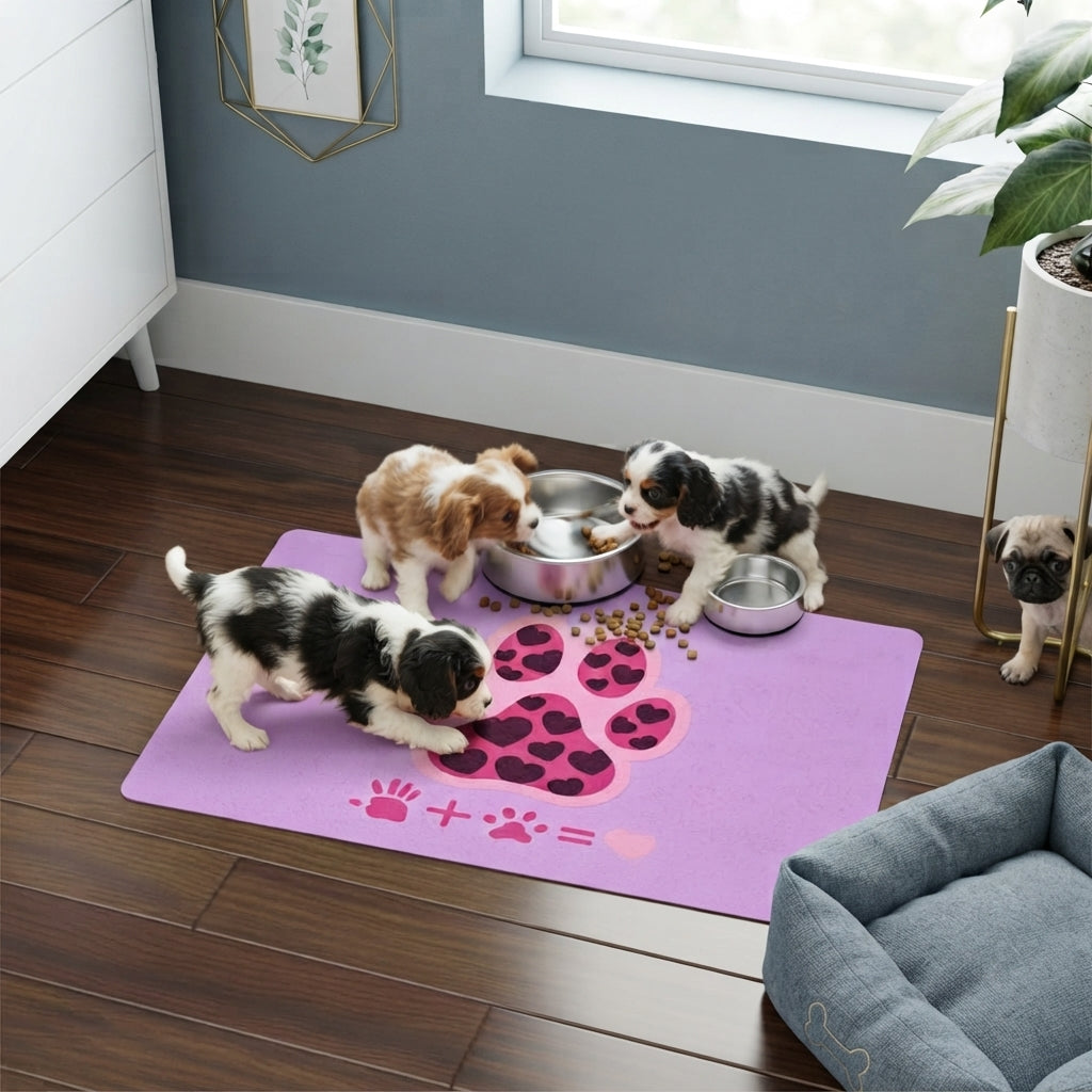 Lovely Pink Heart Paw Pet Food Mat | 12x18 Non-Slip Bowl Placemat