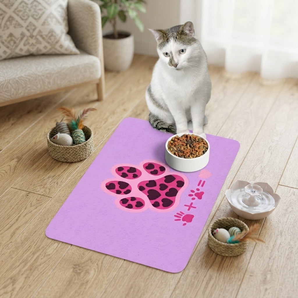 Lovely Pink Heart Paw Pet Food Mat | 12x18 Non-Slip Bowl Placemat