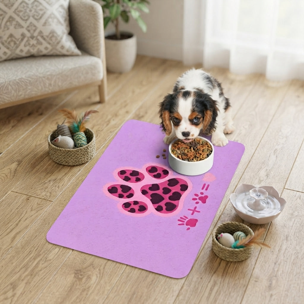 Lovely Pink Heart Paw Pet Food Mat | 12x18 Non-Slip Bowl Placemat