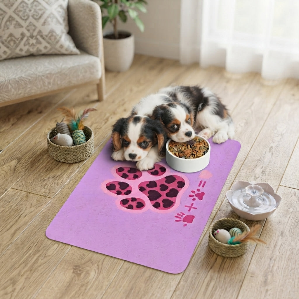 Lovely Pink Heart Paw Pet Food Mat | 12x18 Non-Slip Bowl Placemat