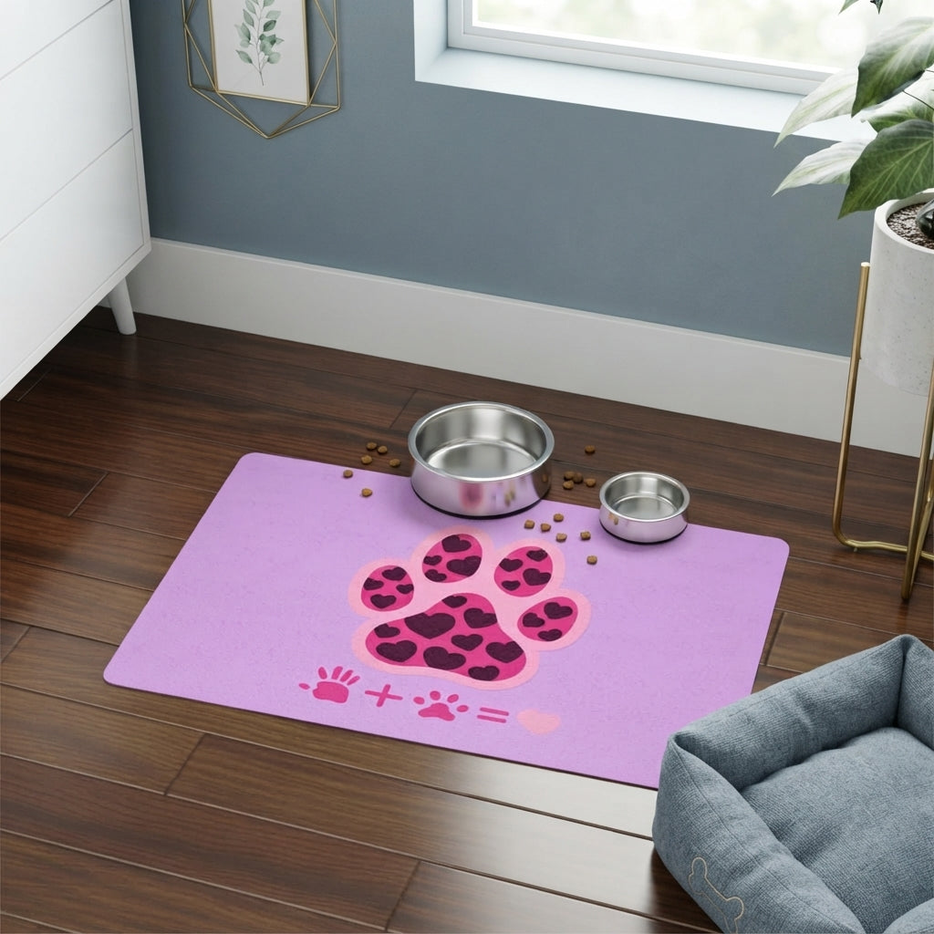 Lovely Pink Heart Paw Pet Food Mat | 12x18 Non-Slip Bowl Placemat