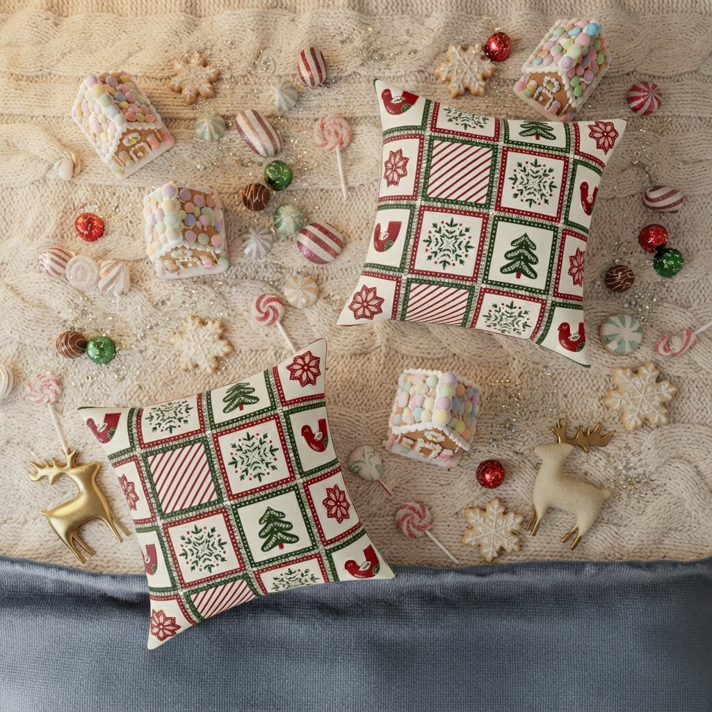 Christmas Holiday Patchwork Throw Pillow | Square Poly Canvas Pillow