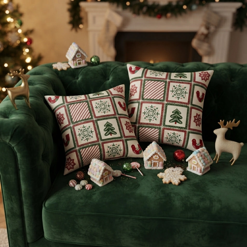 Christmas Holiday Patchwork Throw Pillow | Square Poly Canvas Pillow