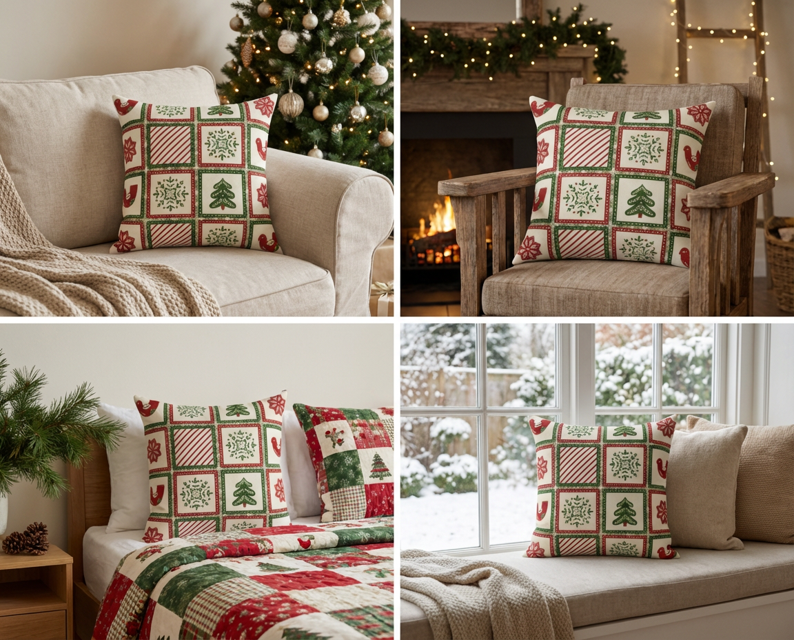 Christmas Holiday Patchwork Throw Pillow | Square Poly Canvas Pillow