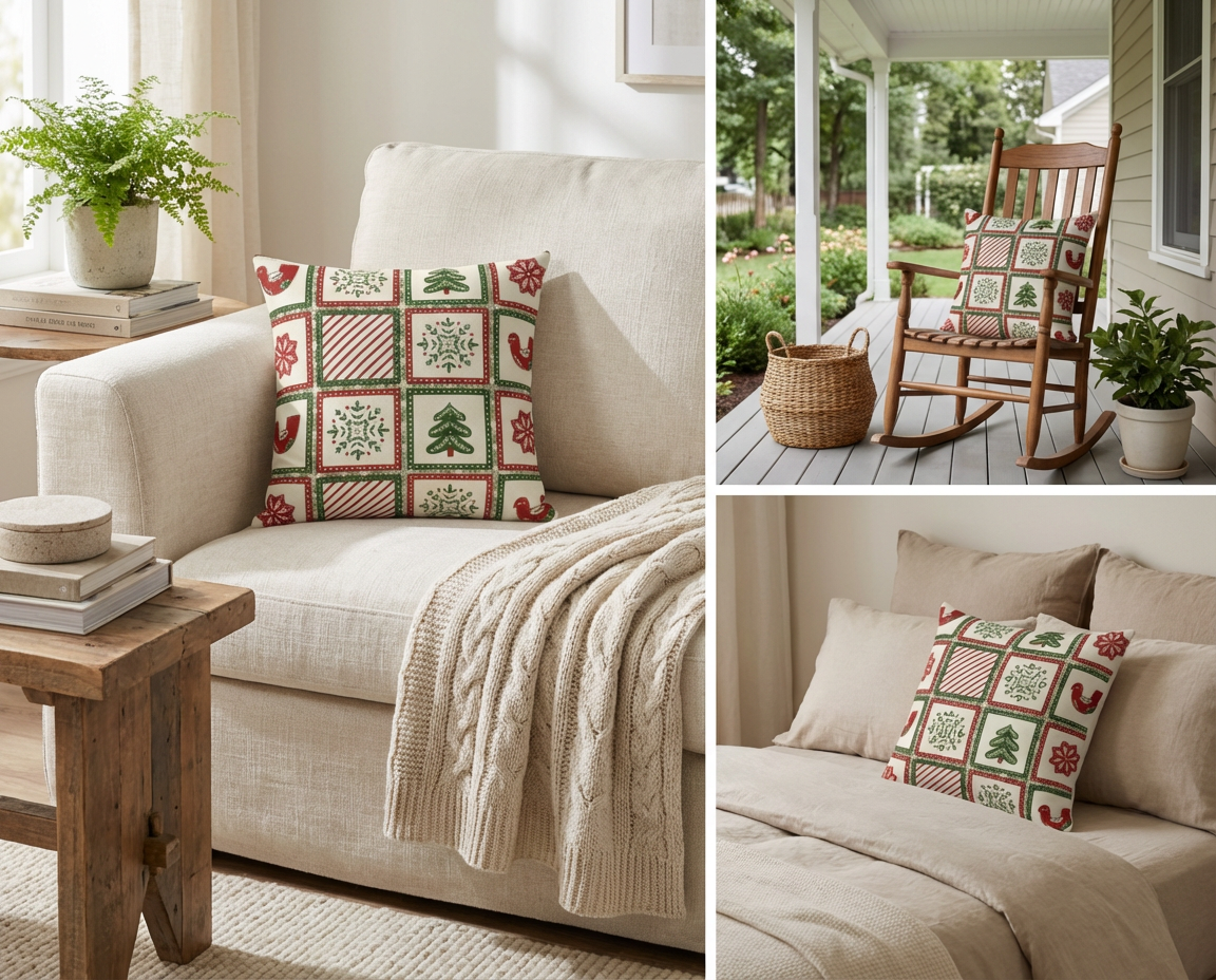 Christmas Holiday Patchwork Throw Pillow | Square Poly Canvas Pillow