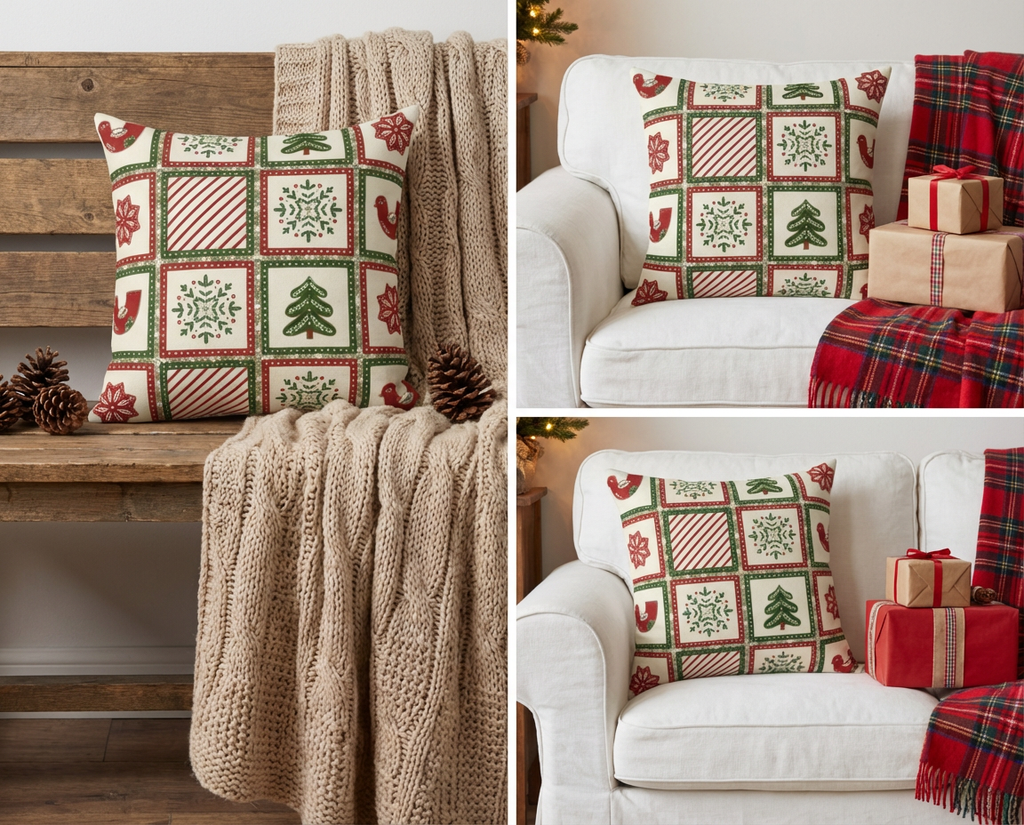 Christmas Holiday Patchwork Throw Pillow | Square Poly Canvas Pillow