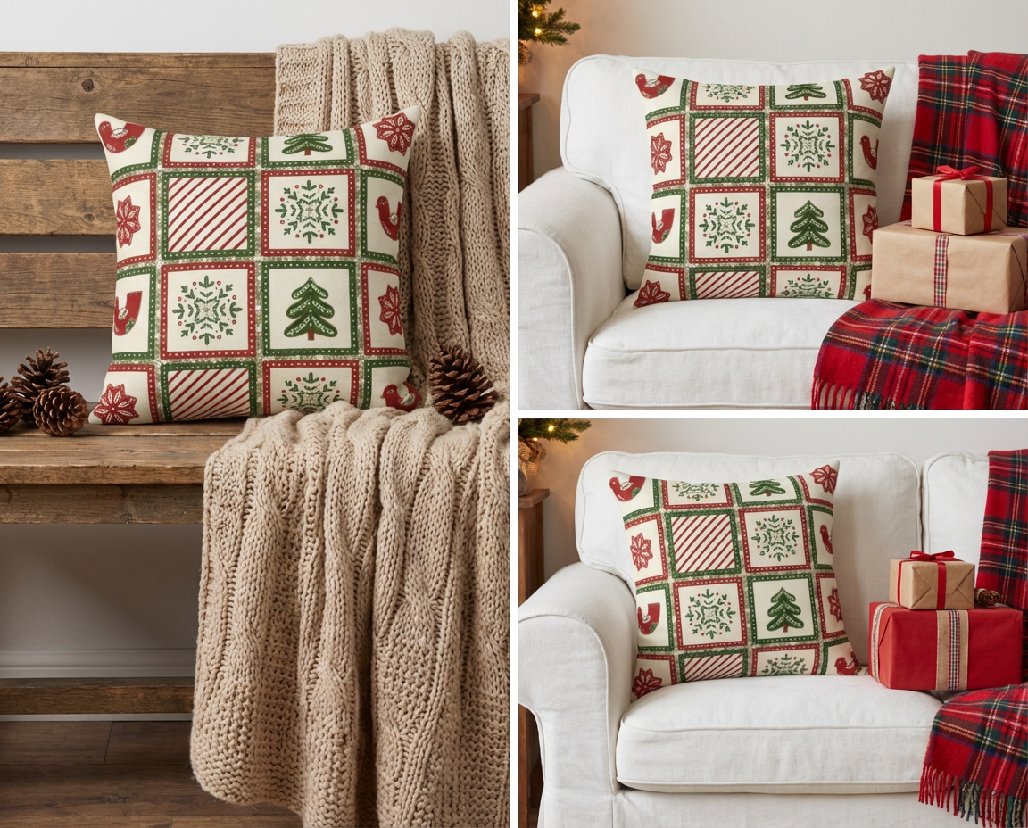 Christmas Holiday Patchwork Throw Pillow | Square Poly Canvas Pillow