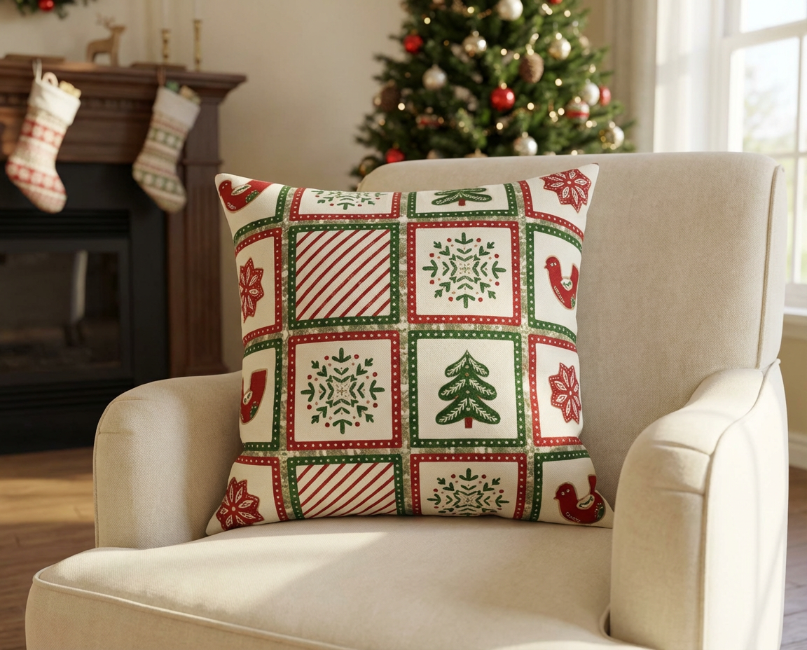 Christmas Holiday Patchwork Throw Pillow | Square Poly Canvas Pillow