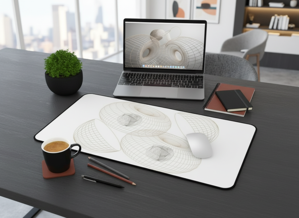 Geometric Wireframe Donut Desk Mat | Minimal Tech Mousepad