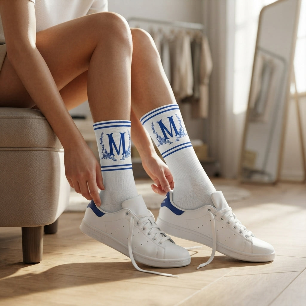 Blue Monogram M Cool Crew Socks | Personalized Initial Socks
