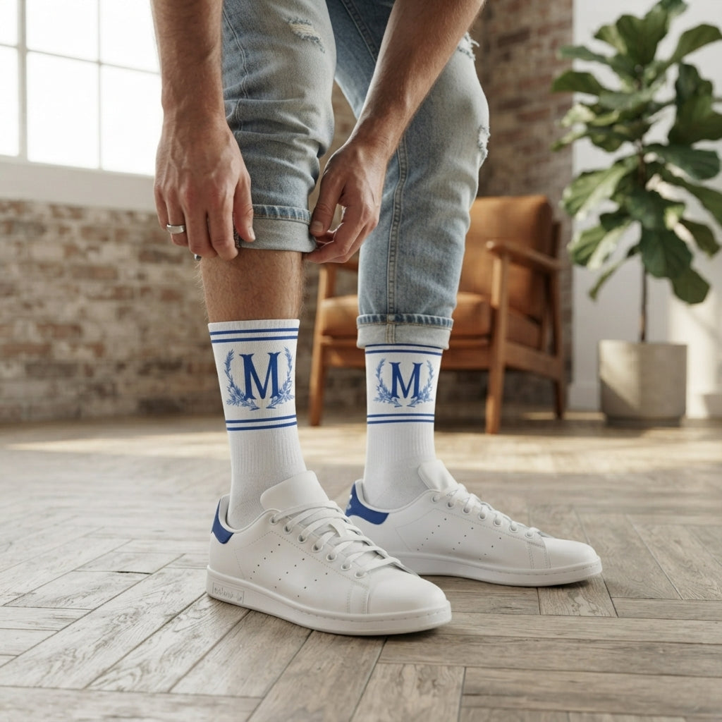 Blue Monogram M Cool Crew Socks | Personalized Initial Socks