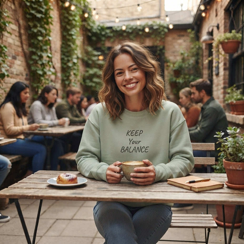 Keep Your Balance Sweatshirt | Minimal Script Chest Design