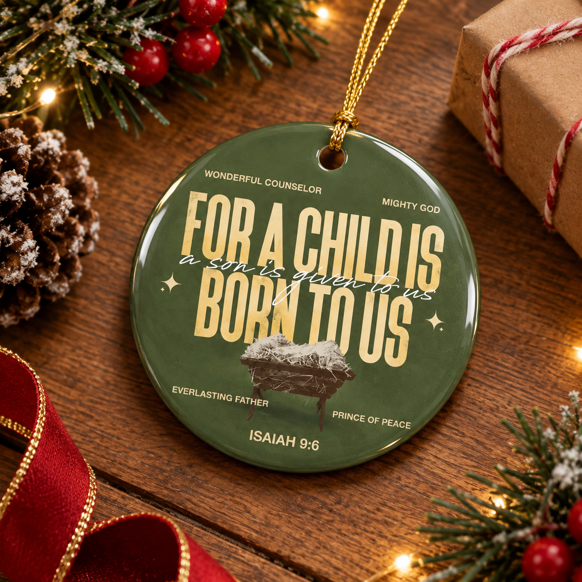 Christmas Ornament - "For a Child is Born to Us" Isaiah 9:6 Ceramic Nativity Keepsake