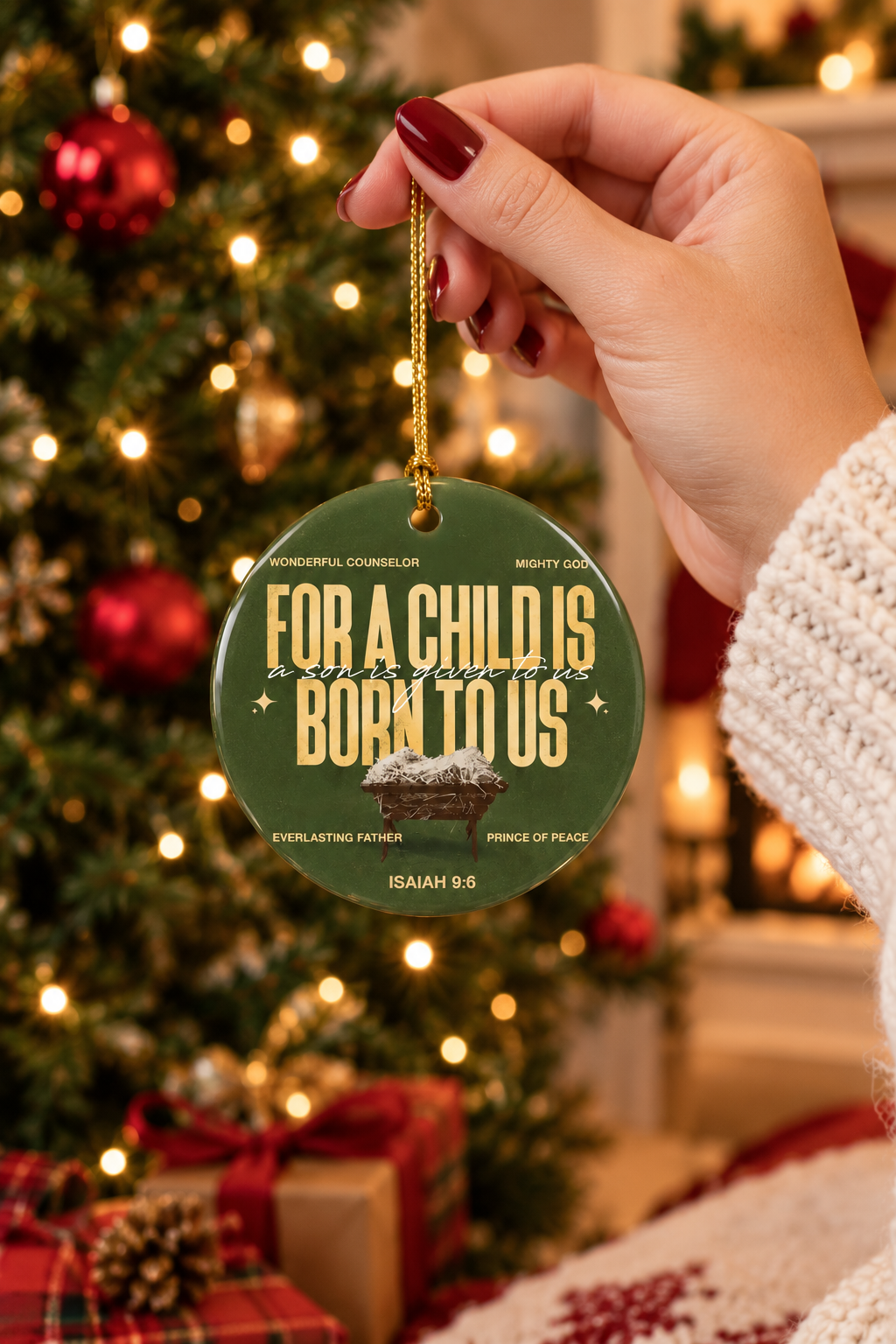 Christmas Ornament - "For a Child is Born to Us" Isaiah 9:6 Ceramic Nativity Keepsake