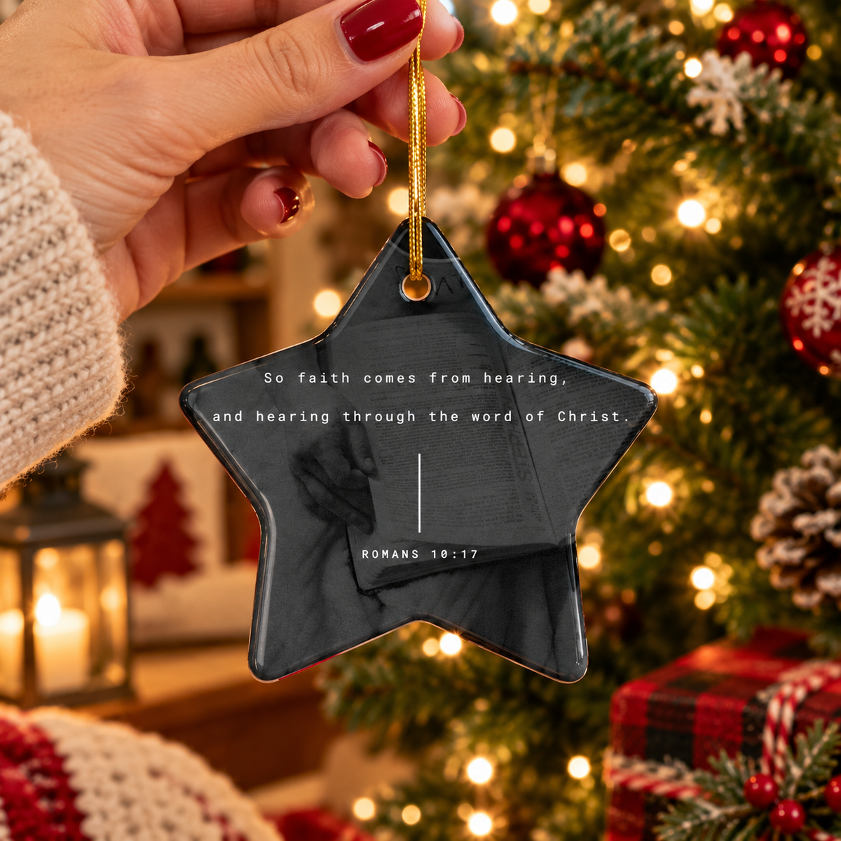 Christian Scripture Star Ornament — Romans 10:17 Ceramic Christmas Ornament