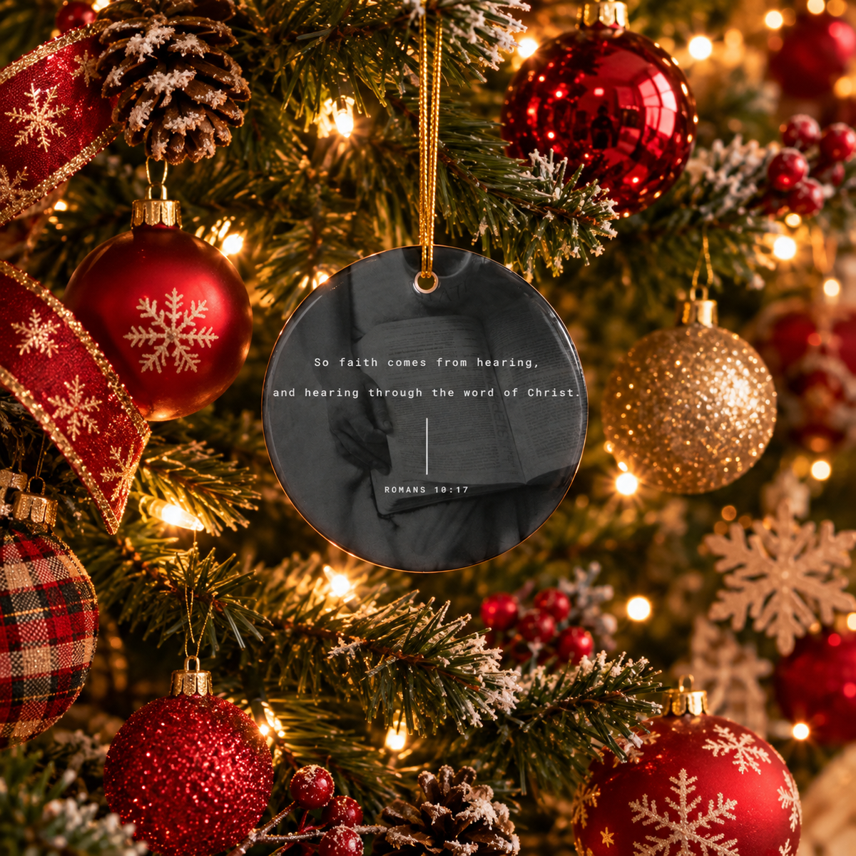 Christian Scripture Star Ornament — Romans 10:17 Ceramic Christmas Ornament