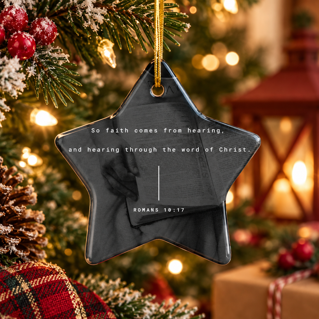 Christian Scripture Star Ornament — Romans 10:17 Ceramic Christmas Ornament