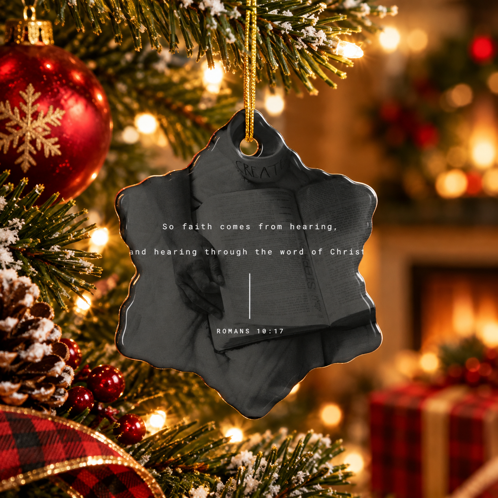 Christian Scripture Star Ornament — Romans 10:17 Ceramic Christmas Ornament