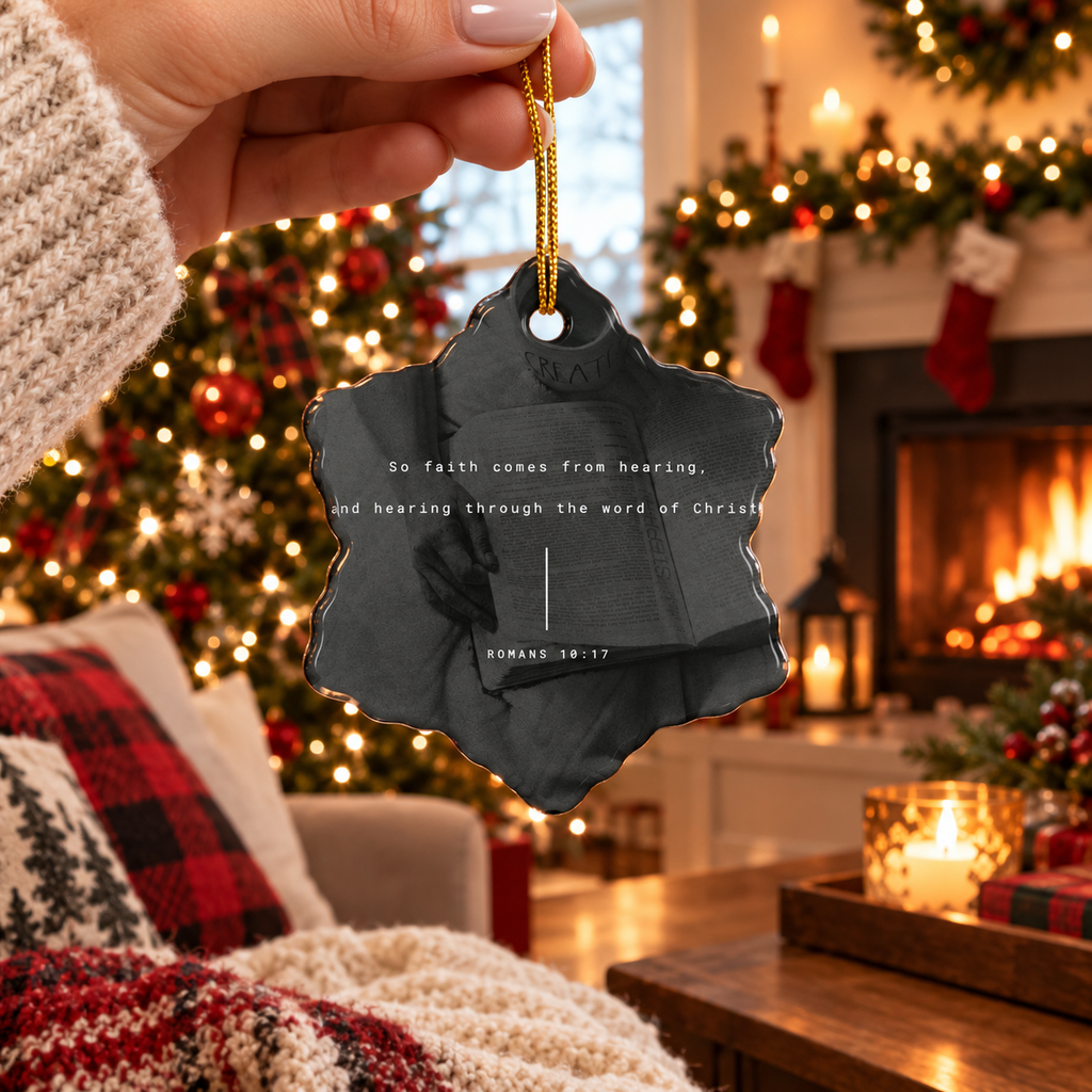 Christian Scripture Star Ornament — Romans 10:17 Ceramic Christmas Ornament