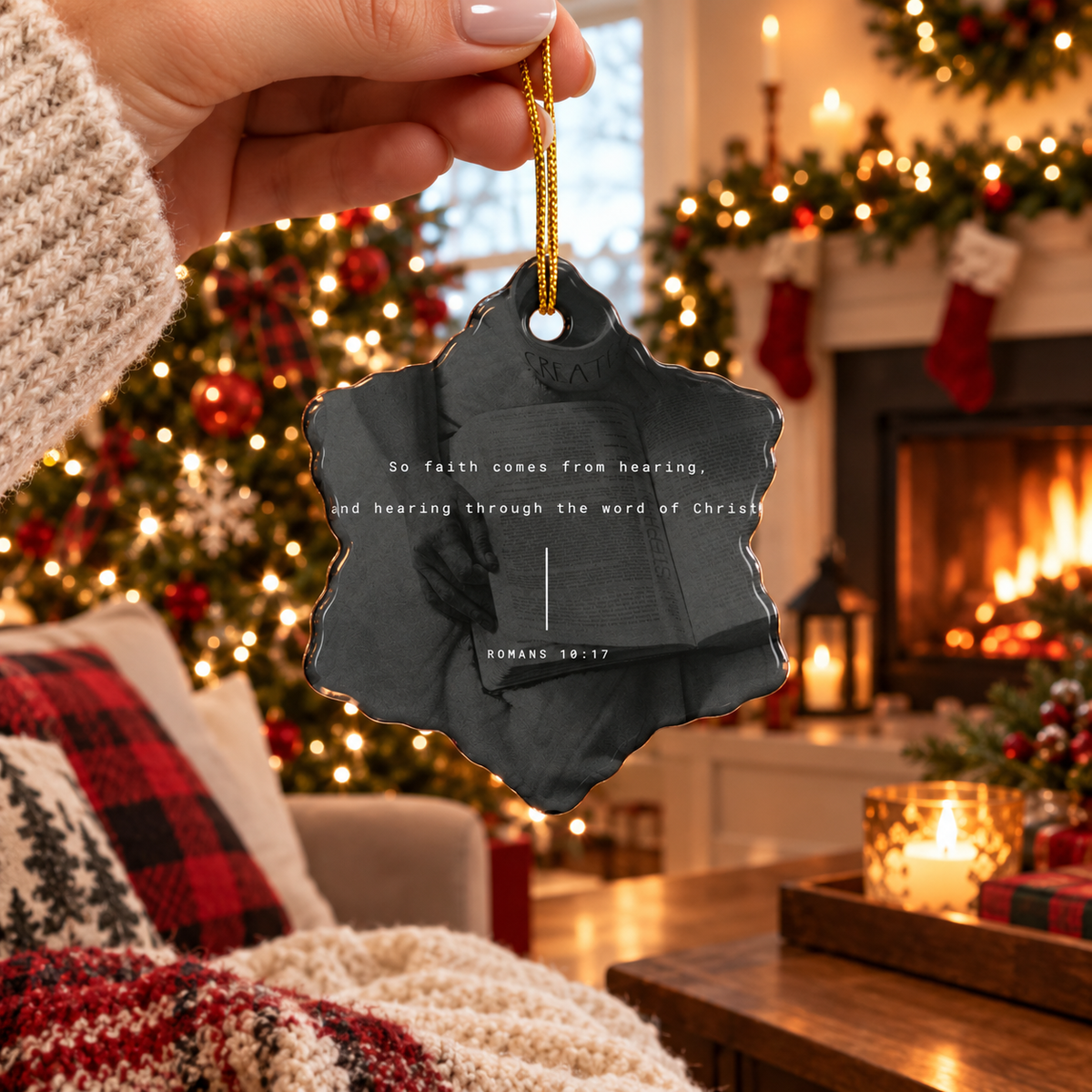 Christian Scripture Star Ornament — Romans 10:17 Ceramic Christmas Ornament