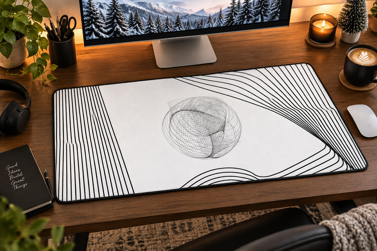 Abstract Black & White Line Art Desk Mat — Minimalist Office Mouse Pad