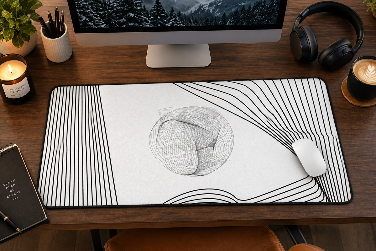 Abstract Black & White Line Art Desk Mat — Minimalist Office Mouse Pad