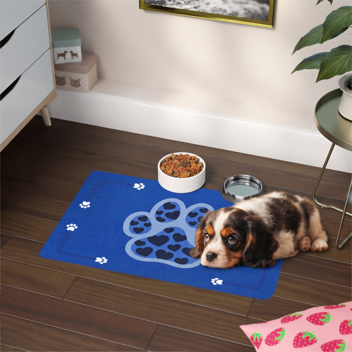 Blue Paw Print Lovely Pet Food Mat (12x18) — Non-Slip Feeding Placemat for Dogs & Cats